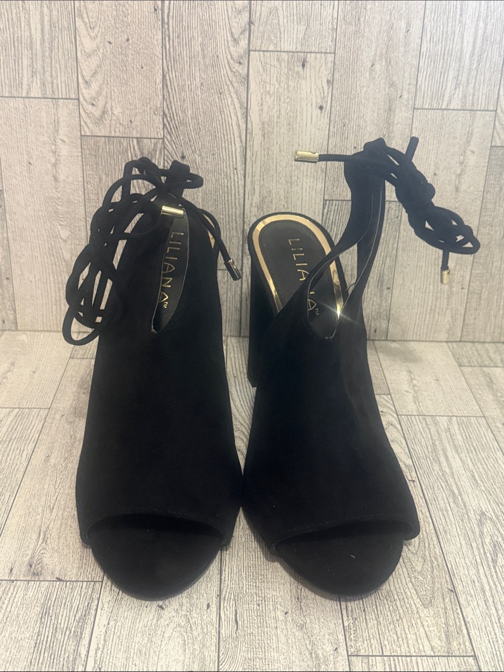 Liliana Black Suede Lace-Up Open Toe Block Heel Sandals with Gold Accents